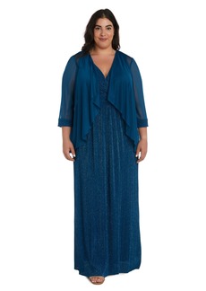 R&M Richards Womens Plus Shimmer Long Two Piece Dress Blue 14W