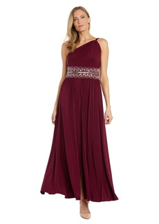 R&M Richards Women's Plus Size Long One Shoulder Dress W/Twisted Detail and Beaded Waist