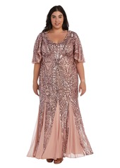 R&M Richards Women's Petite Long Sequin Gown with Flutter Sleeves and Godet Insets