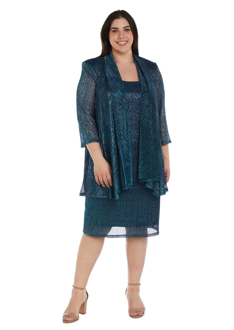 R&M Richards Women's Plus Size Metallic Sleeveless Dress with Matching Draped Cardigan