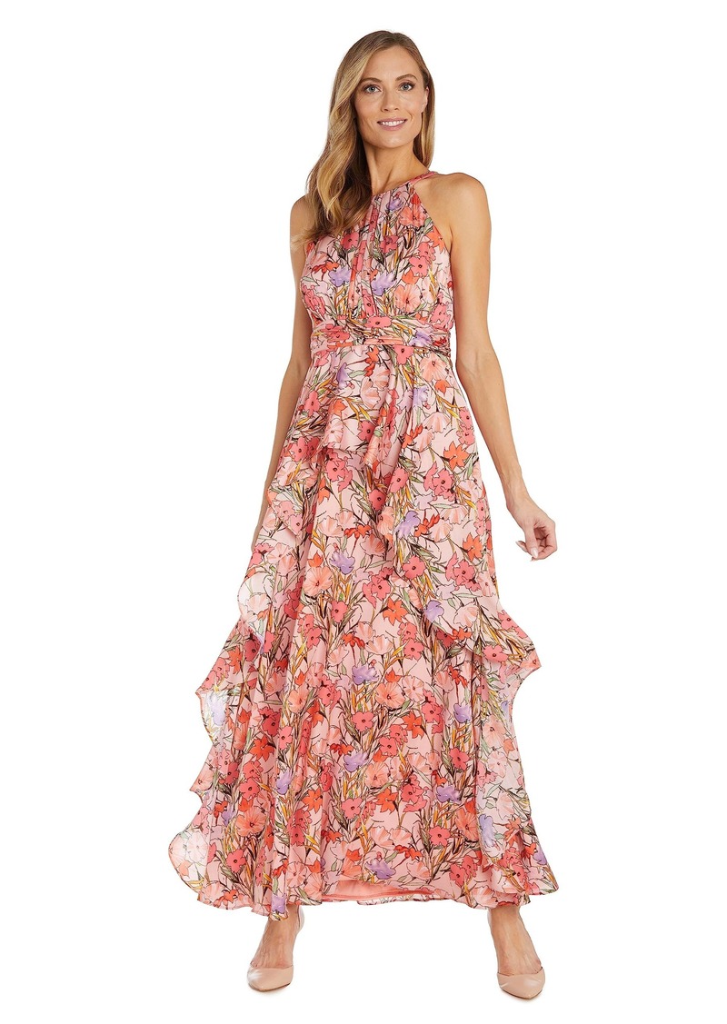 R&M Richards Women's Plus Size Satin Peplum Ruffle Halter Daytime Maxi Dress for Spring/Summer Coral-Lavender