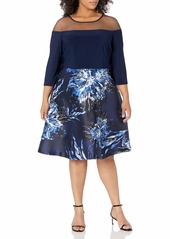 R&M Richards Women's Plus Size Womans Printed Party Dress with Sheer Shoulder  Navy  14W