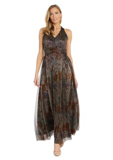 R&M Richards Women's Printed Metallic Crinkle V Neck Halter Dress