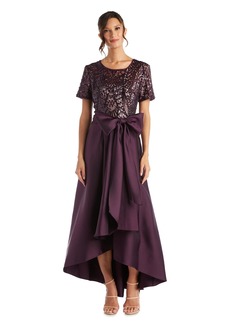 R&M Richards Women's High-Low Satin Dress with Bow at Waist and Sequins