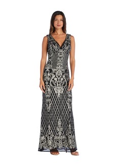 R&M Richards Women's Vintage Sequined Maxi Gown with V-Neck and Fitted Silhouette