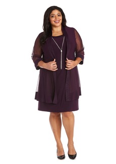 R&M Richards Women's Plus Size Sparkly Shift Jacket Dress W/Sheer Inserts and Attached Necklace  14