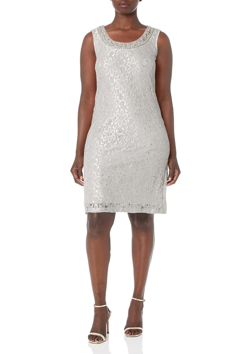 R&M Richards Women's Two Piece Fly Away Jacket Over Beaded Neck Laced Dress Ivory/TAUP