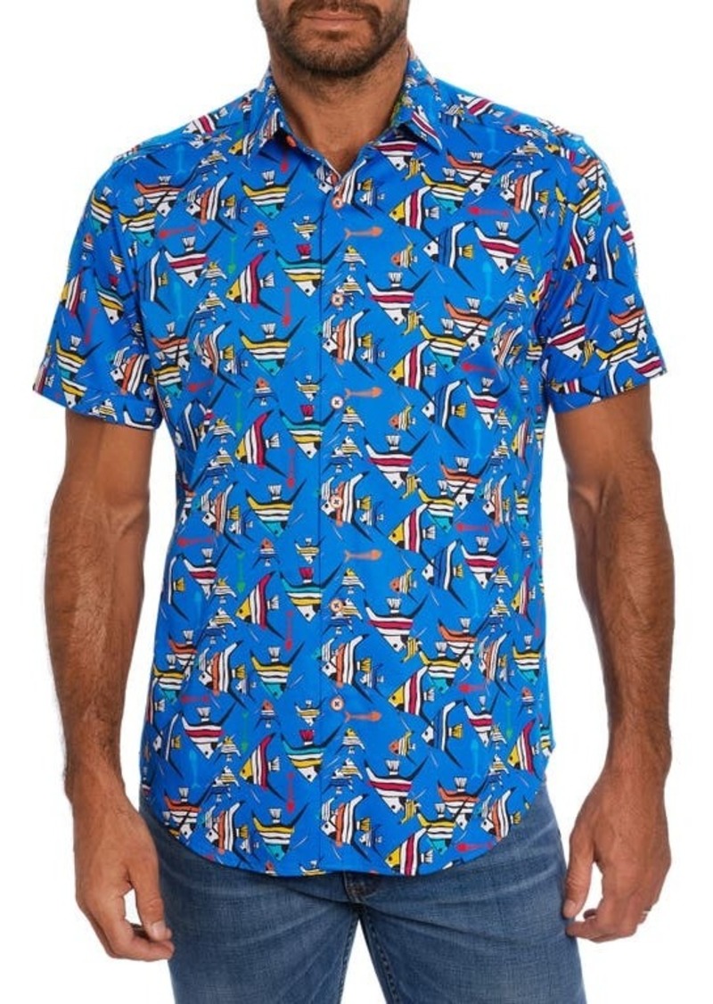 Robert Graham Gone Fishing Stretch Print Short Sleeve Button-Up Shirt in Blue at Nordstrom