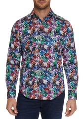 Robert Graham Mixed Media Cotton Stretch Pixelated Floral Print Classic Fit Button Down Shirt 