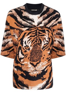 Roberto Cavalli embellished tiger-print top