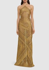 Roberto Cavalli Halter Neck Devoré Lurex Long Dress