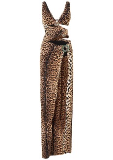 Roberto Cavalli Jaguar Print Jersey Cutout Long Dress