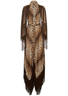 Roberto Cavalli Jaguar Print Satin Fringed Long Dress