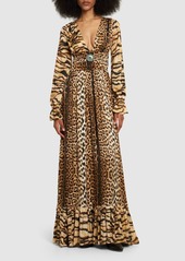 Roberto Cavalli Jaguar Print Satin Long Dress