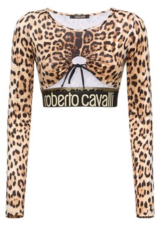 Roberto Cavalli Jaguar Printed Long Sleeve Crop Top