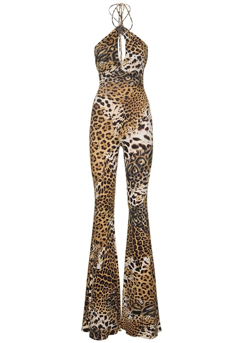 Roberto Cavalli Lycra Printed Halterneck Flared Jumpsuit