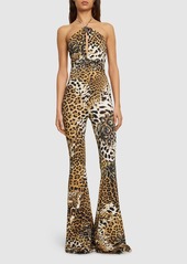 Roberto Cavalli Lycra Printed Halterneck Flared Jumpsuit