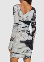 Roberto Cavalli Marmo Printed Stretch Tulle Mini Dress