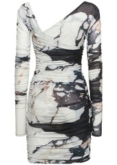 Roberto Cavalli Marmo Printed Stretch Tulle Mini Dress