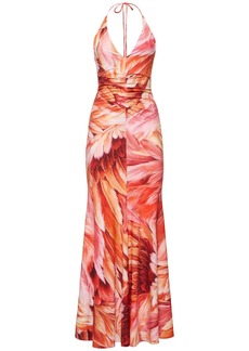 Roberto Cavalli Printed Lycra V-neck Long Dress