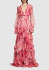 Roberto Cavalli Printed Silk Chiffon Crepon Long Dress