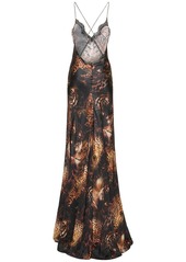 Roberto Cavalli Printed Silk Twill Long Dress W/ Lace