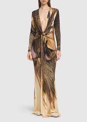 Roberto Cavalli Printed Stretch Jersey Long Dress W/knot
