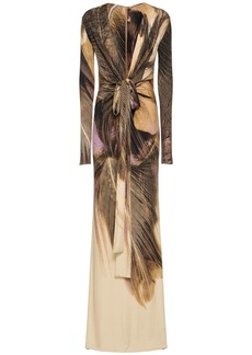 Roberto Cavalli Printed Stretch Jersey Long Dress W/knot