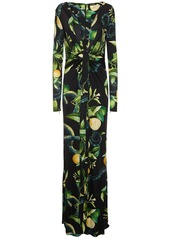 Roberto Cavalli Printed Viscose Jersey Draped Maxi Dress