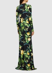 Roberto Cavalli Printed Viscose Jersey Draped Maxi Dress