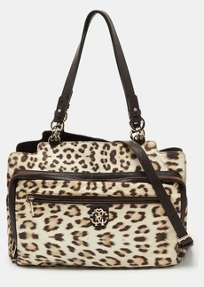 Roberto Cavalli Brown/beige Leopard Satin And Leather Tote