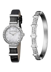 Roberto Cavalli By Franck Muller Women's Diamond Swiss Quartz Black Calfskin Leather Strap Watch & Bracelet Gift Set, 26mm