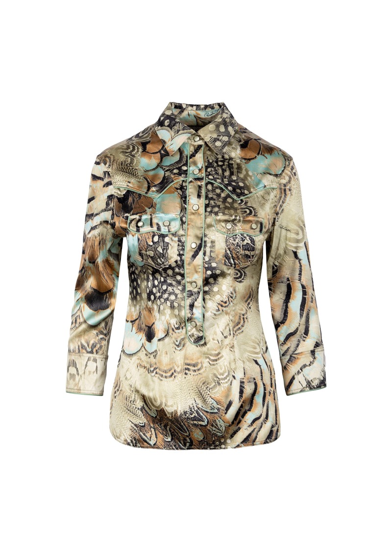 Roberto Cavalli Feather Printed Silk Blouse