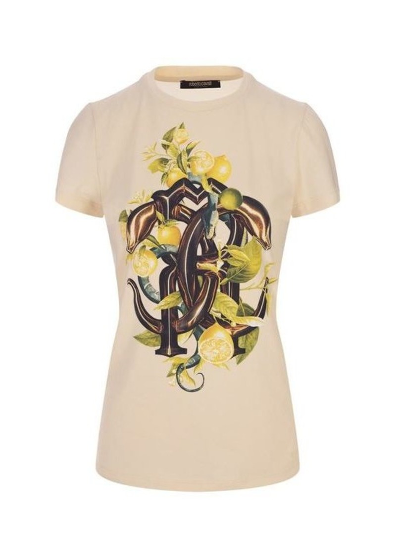 ROBERTO CAVALLI Ivory T-Shirt With Lemons and Snake Print