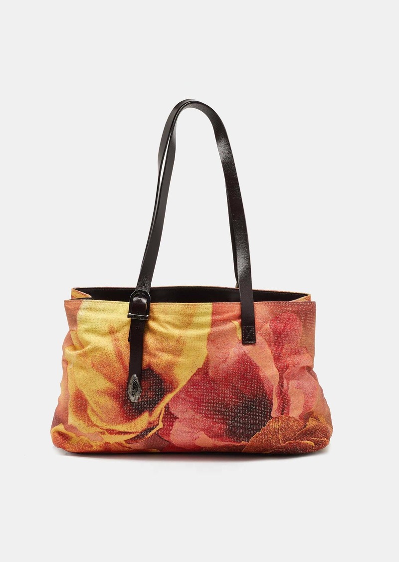 Roberto Cavalli Multicolor Floral Print Shimmer Fabric And Leather Tote