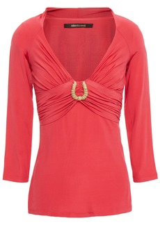 Roberto Cavalli - Appliquéd gathered stretch-jersey top - Orange - IT 46