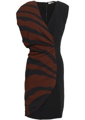 Roberto Cavalli Woman Ruched Paneled Zebra-print Stretch-crepe Mini Dress Black