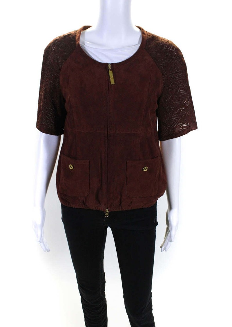 Roberto Cavalli Womens Suede Eyelet Half Sleeve Full Zip Jacket Brown