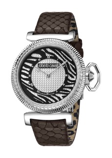 Roberto Cavalli:Womens silver dial brown leather watch