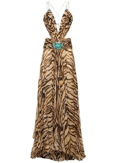 Roberto Cavalli Tiger Print Chiffon Cutout Long Dress