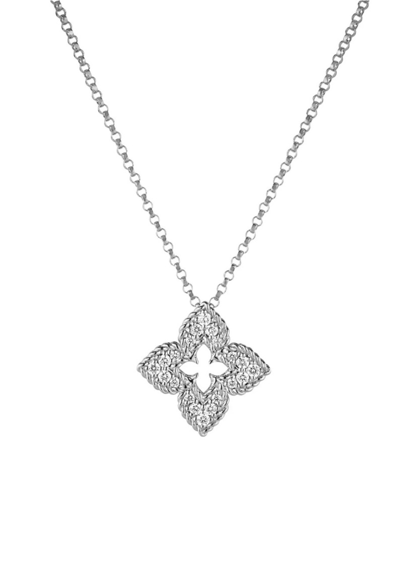 Roberto Coin 18Kt White Gold & Pave Diamond Petite Venetian Small Flower Necklace