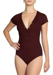 Robin Piccone Amy Plunge Neck Cap Sleeve One-Piece Swimsuit