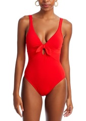 Robin Piccone Ava Plunge Neck Tie-Front One Piece Swimsuit