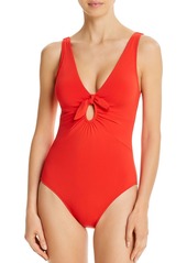 Robin Piccone Plunge Neck Tie-Front One Piece Swimsuit