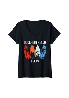 Womens Retro Rockport Beach Texas Surfboard Beach V-Neck T-Shirt