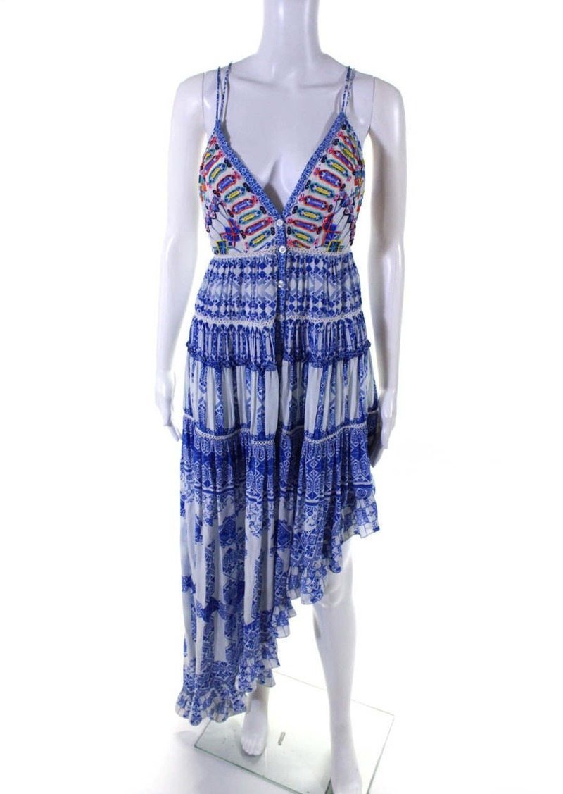 Rococo Sand Womens Silk Abstract Print Asymmetrical Pleated Dress Blue