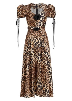 Rodarte Belted Leopard-Print Silk Twill Dress