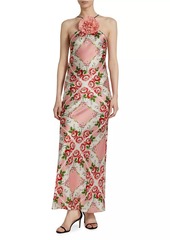 Rodarte Floral Silk Bias-Cut Halter Gown