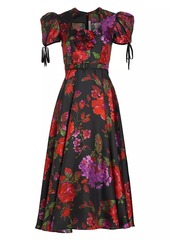 Rodarte Floral Silk Puff-Sleeve Midi-Dress