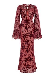 Rodarte - Bell-Sleeve Lace-Trimmed Flocked Maxi Dress - Burgundy - US 4 - Moda Operandi